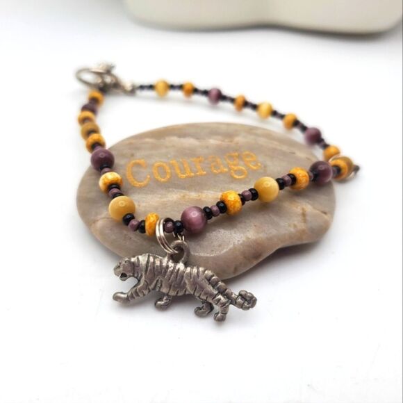 Sterling silver tiger Tibetan Moonstone beaded bracelet B0805 - Picture 1 of 2